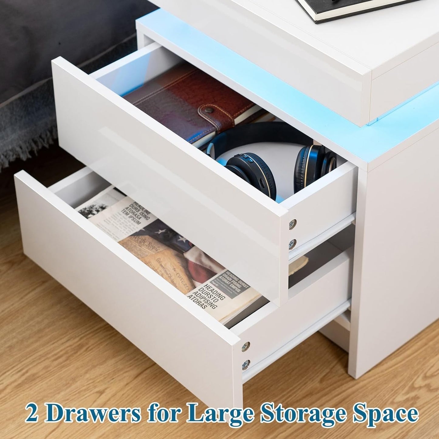 Modern white Nightstand With 2 Storage Drawers,Led Lights, End Table For Bedroom Furniture - Korvel