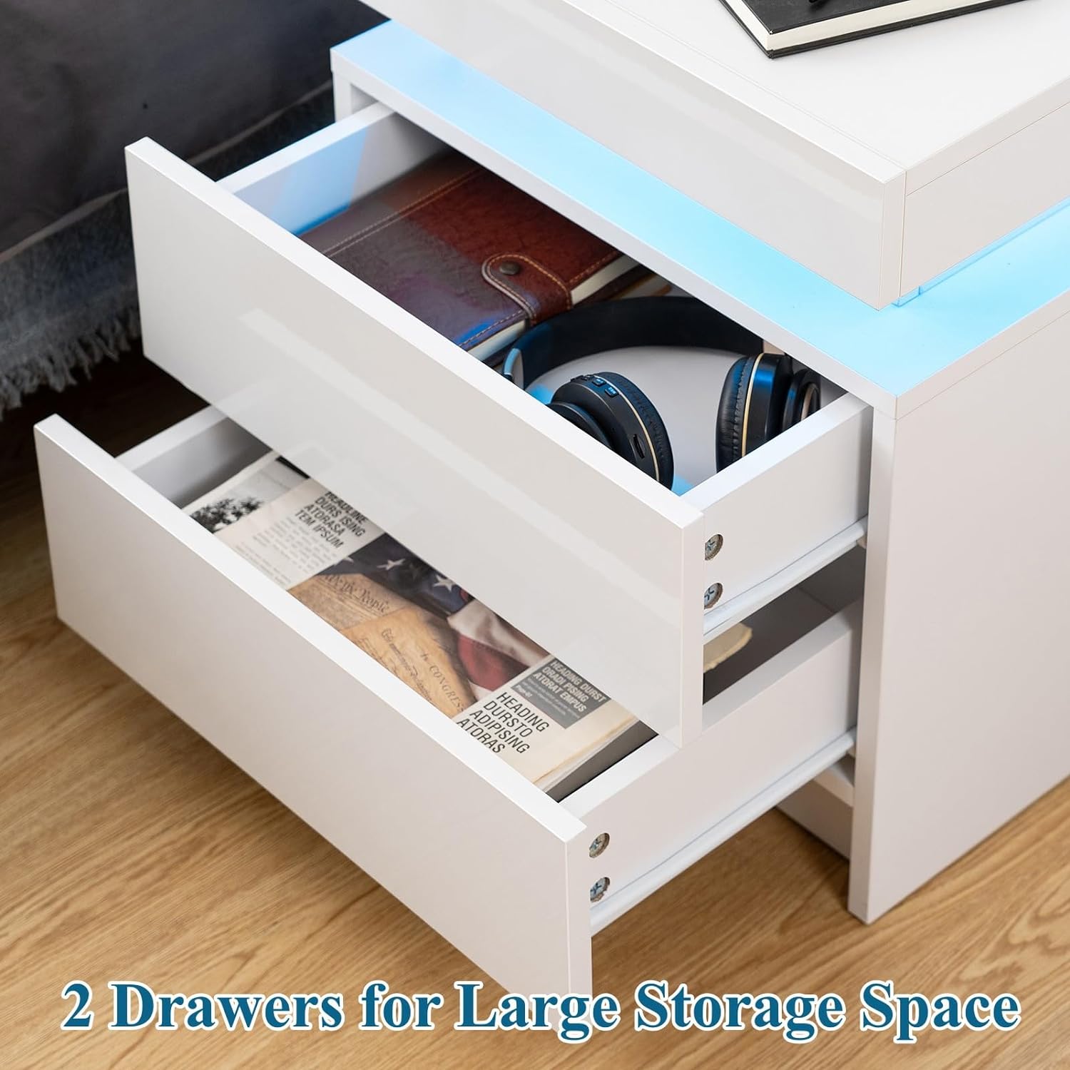 Modern white Nightstand With 2 Storage Drawers,Led Lights, End Table For Bedroom Furniture - Korvel