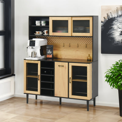 59 "H buffet side cabinet with storage door and power outlet, coffee bar cabinet with wine rack, black and natural colors - Korvel