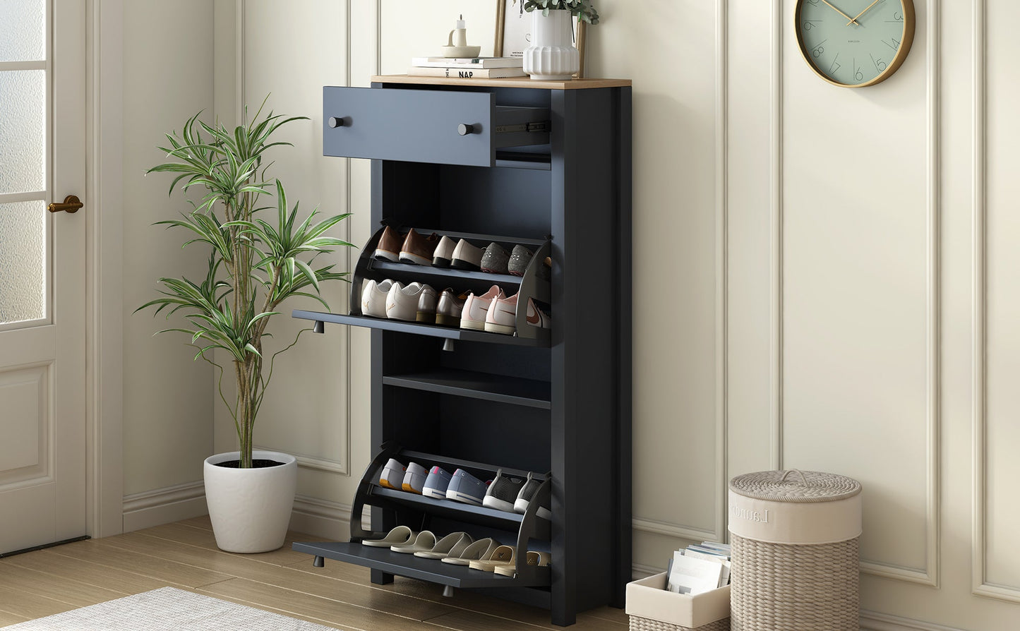 ONTREND Black Shoe Cabinet with 2 Flip Drawers
