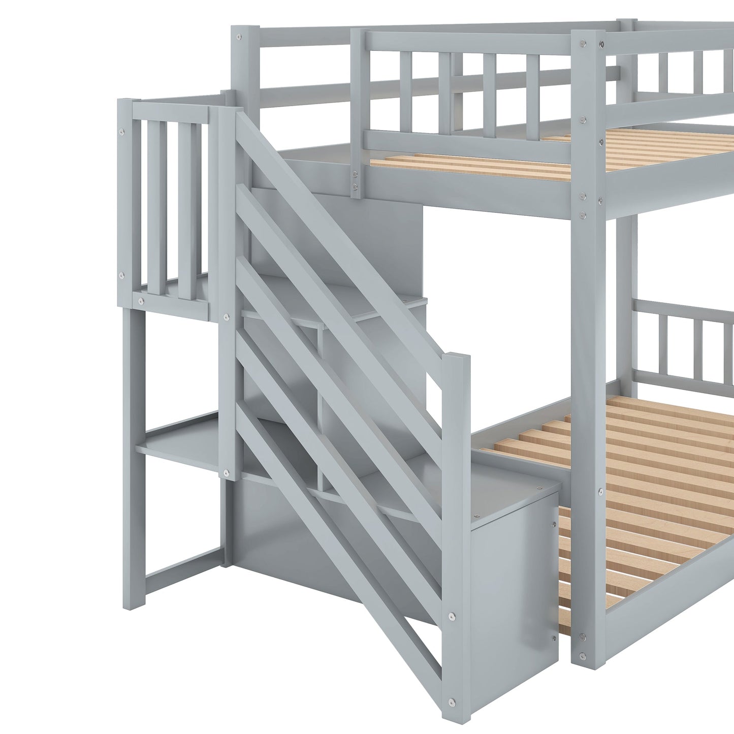 Twin over Twin Floor Bunk Bed, Ladder with Storage  Gray - Korvel