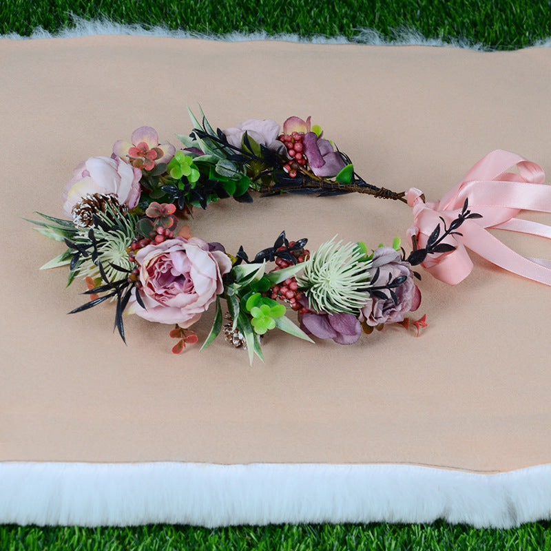Vintage flower wreath autumn pine cone handmade simulation flower bridal hair accessory Hanfu headwear female - Korvel