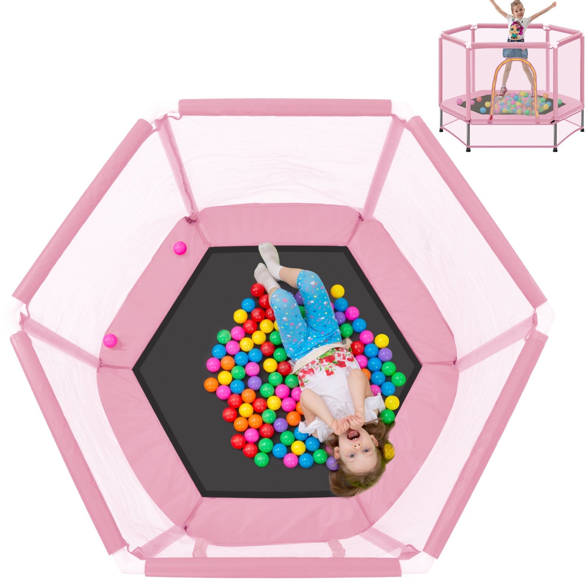 55'' Toddlers Trampoline with Safety Enclosure Net and Balls, Indoor Outdoor Mini Trampoline for Kids - Korvel