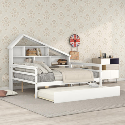 Elegant Full Size Platform Bed with Trundle and Shelves - White