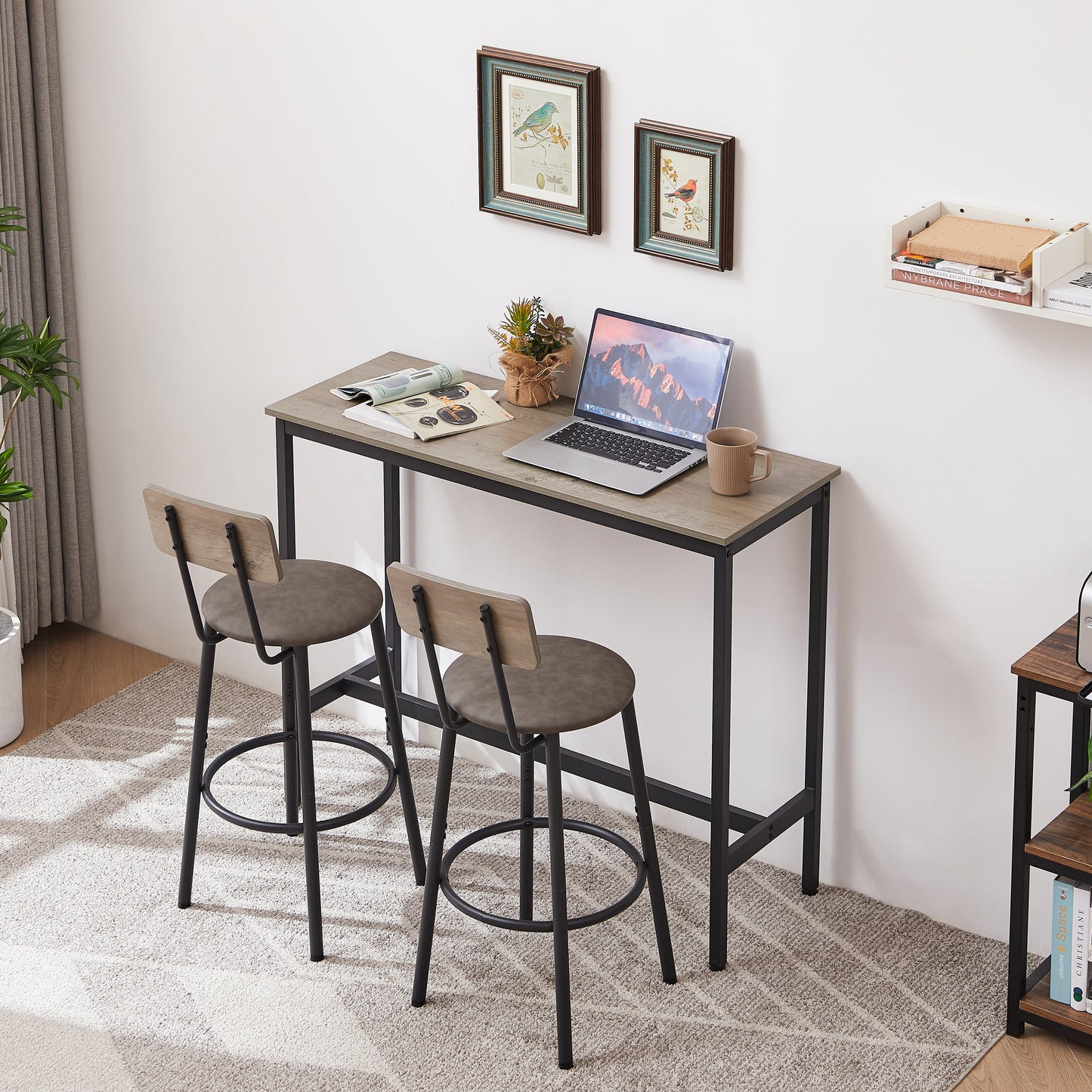 Stylish Grey Bar Table Set with Soft PU Seats and Backrests