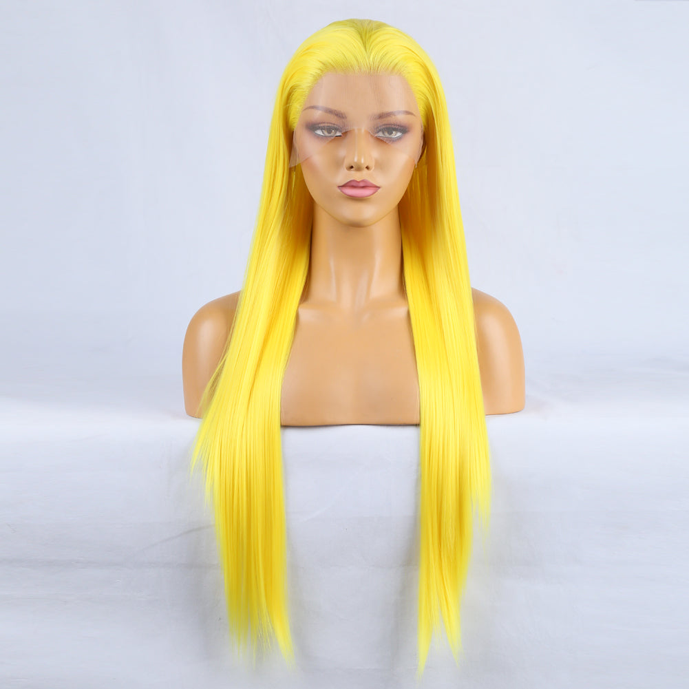 Hand Groove 13*2.5 Chemical Fiber Front Lace Yellow Long Bangs Wig Headgear Natural Hairline - Korvel