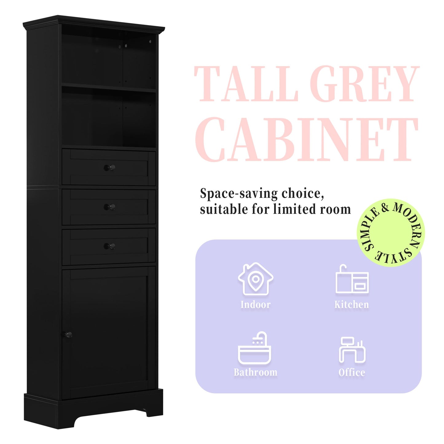 Elegant Black High Storage Cabinet with 3 Drawers
