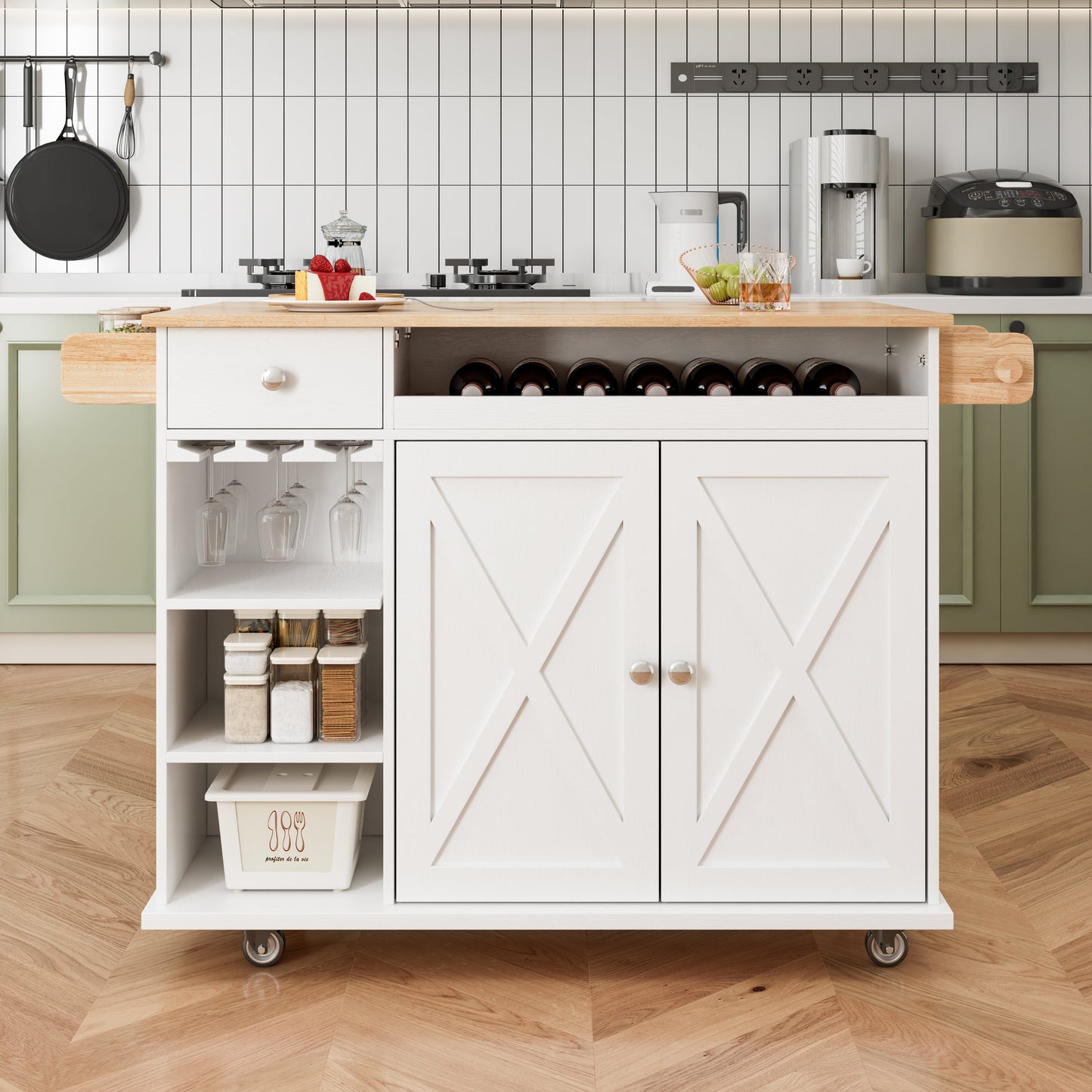 44 Inch Kitchen Island Cart with Solid Wood Top, Wine Storage, Spice Rack, Towel Rack, Wine Glass Holder White & Oak - Korvel