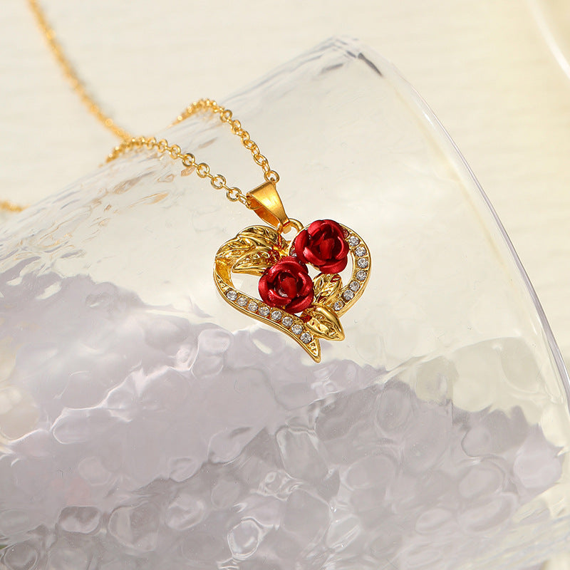 Creative Love Rose Heart Pendant Necklace For Women Exquisite Zircon Forever Necklace Romantic Valentines Day Jewelry - Korvel