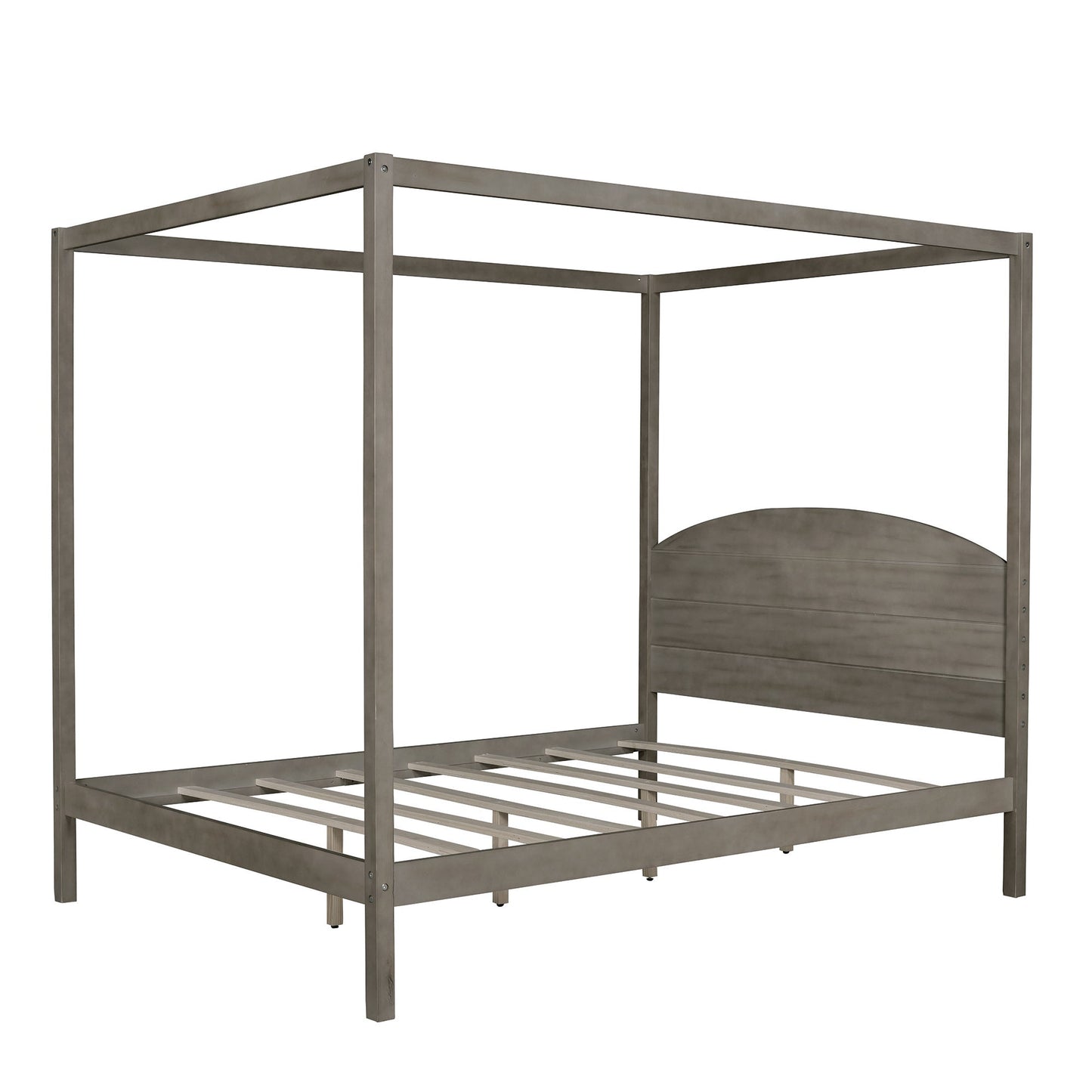 Elegant Queen Size Canopy Platform Bed with Headboard - Brown Wash