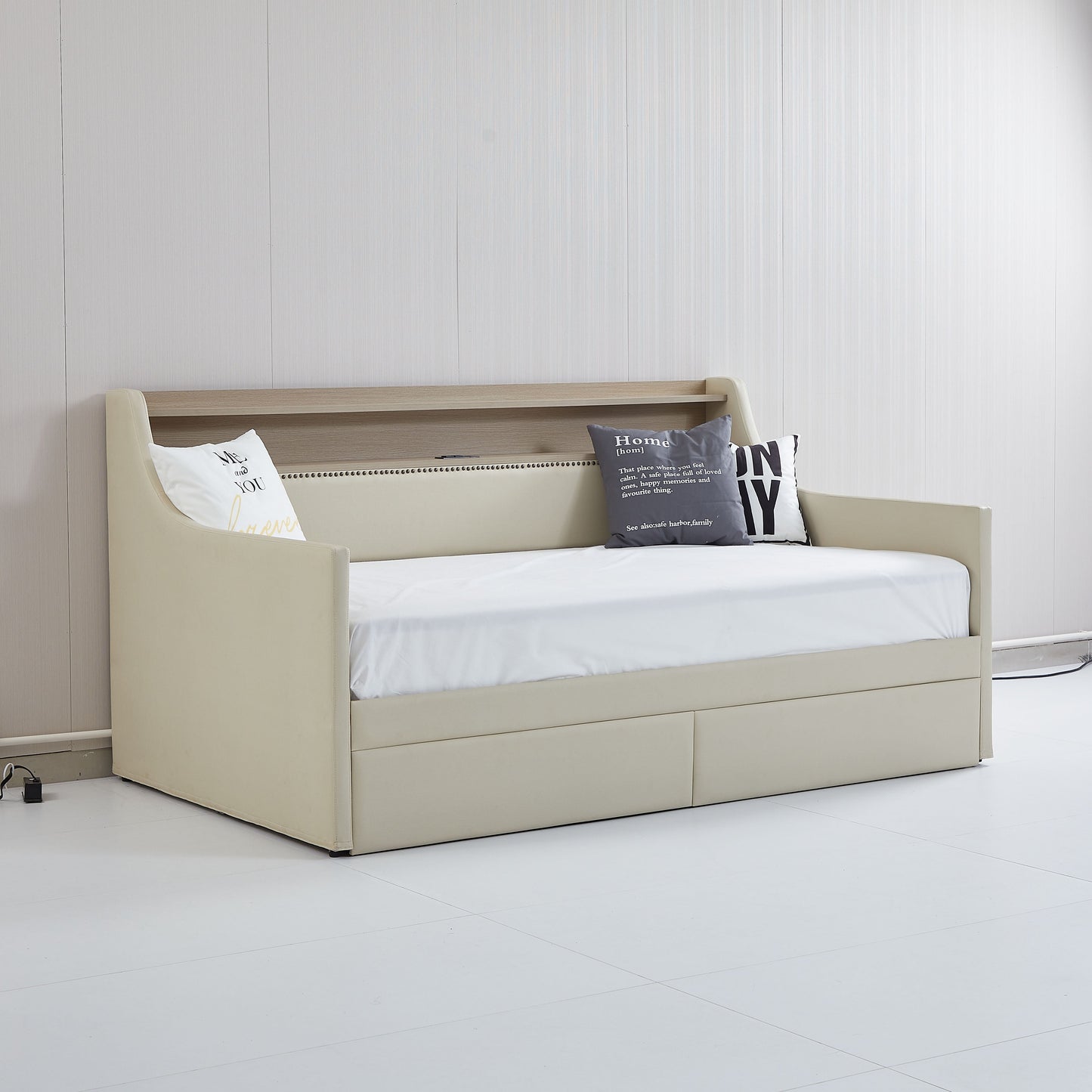 Twin Size Daybed with Storage Drawers, Upholstered Daybed with Charging Station and LED Lights, Beige - Korvel