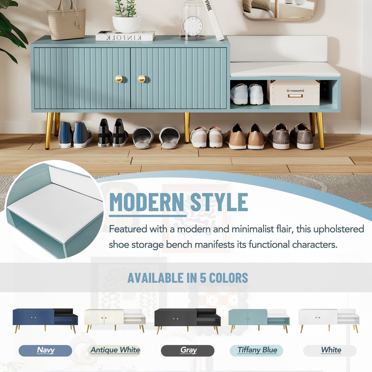 Modern Tiffany Blue Shoe Storage Bench with Cushions