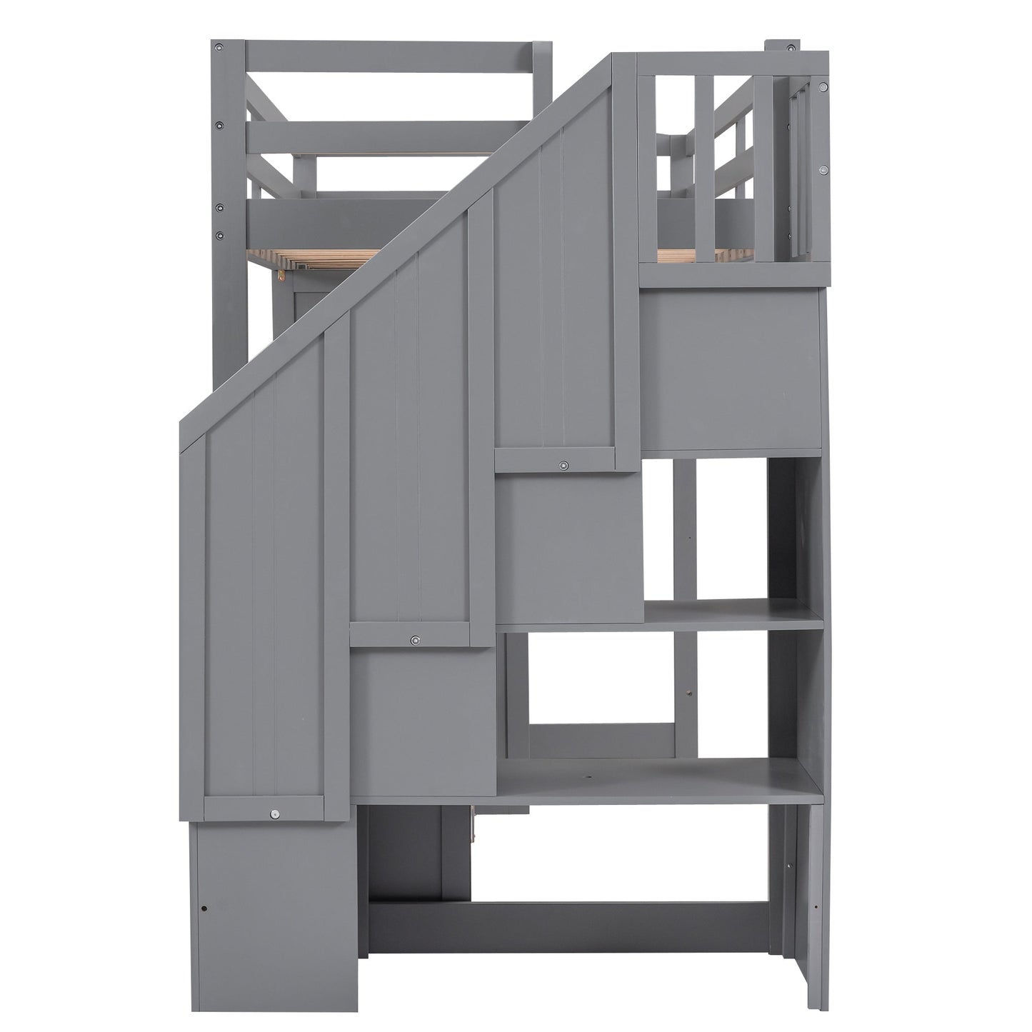 Cama loft tamaño twin con armario y almacenamiento en gris