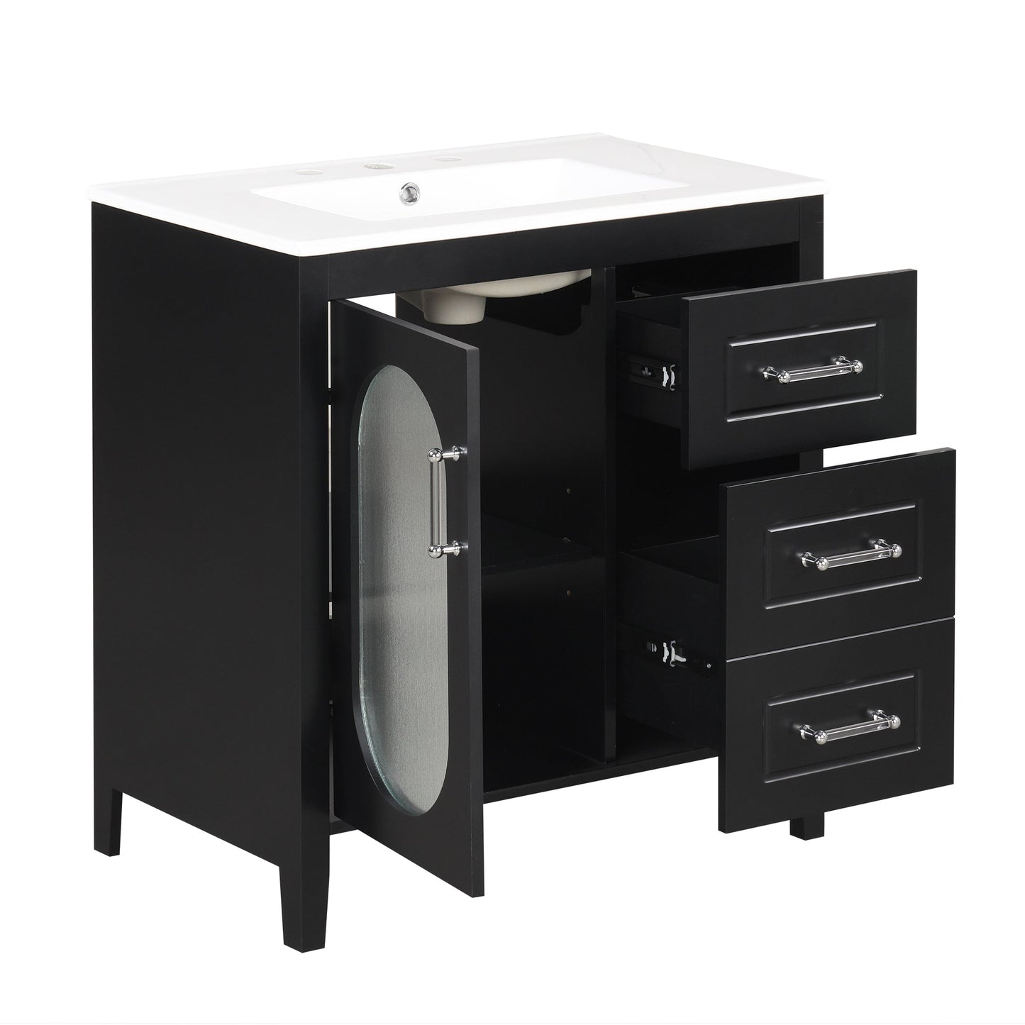 30" Bathroom Vanity with Sink, Bathroom Vanity Cabinet with Two Drawers and Door, Adjustable Shelf, Solid Wood and MDF, Black - Korvel