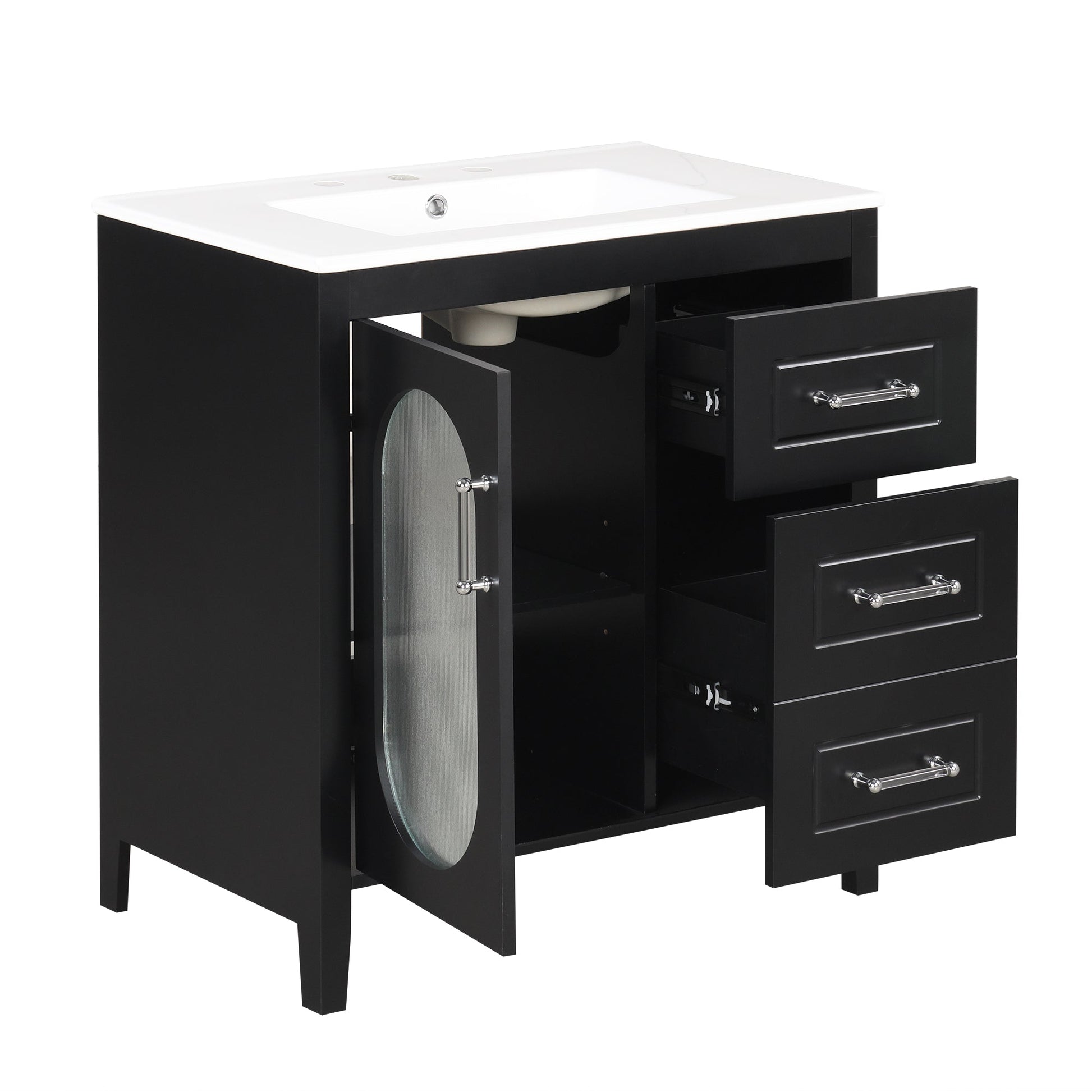30" Bathroom Vanity with Sink, Bathroom Vanity Cabinet with Two Drawers and Door, Adjustable Shelf, Solid Wood and MDF, Black - Korvel