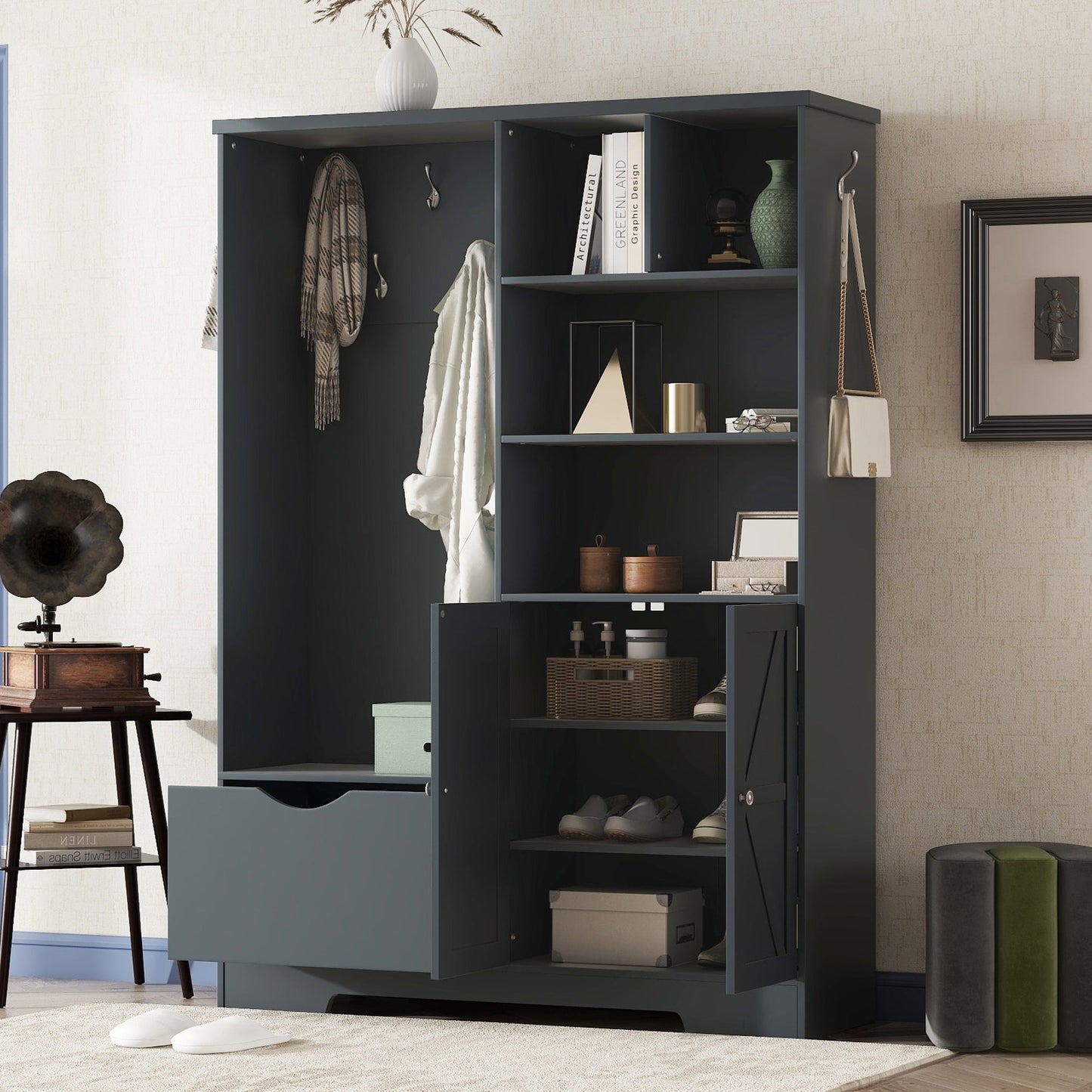 Armoire d'entrée élégante et multifonctionnelle avec rangement en bleu antique