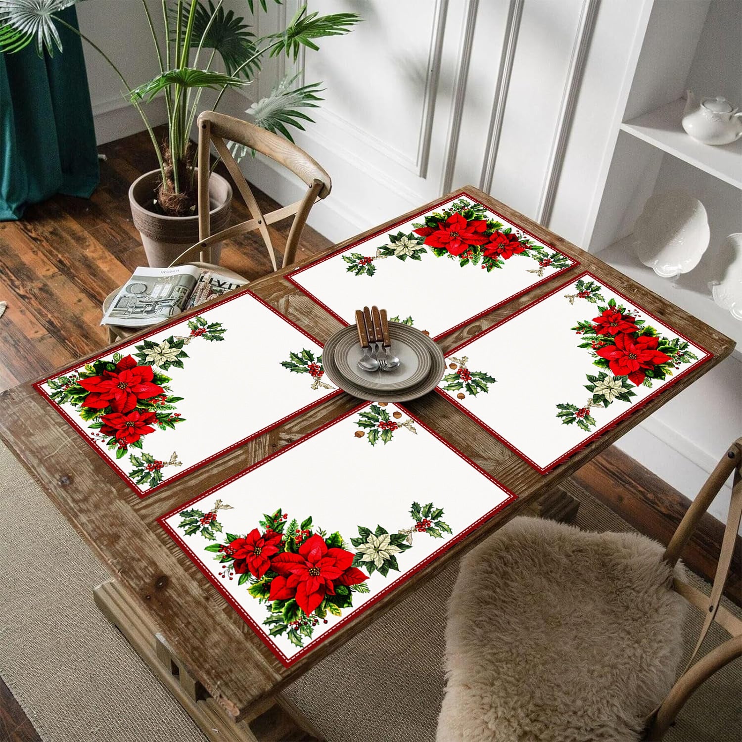Christmas Red Flower Meal Mat Flower Pinecone Printed Table Mat Holiday Table Insulation Mat - Korvel