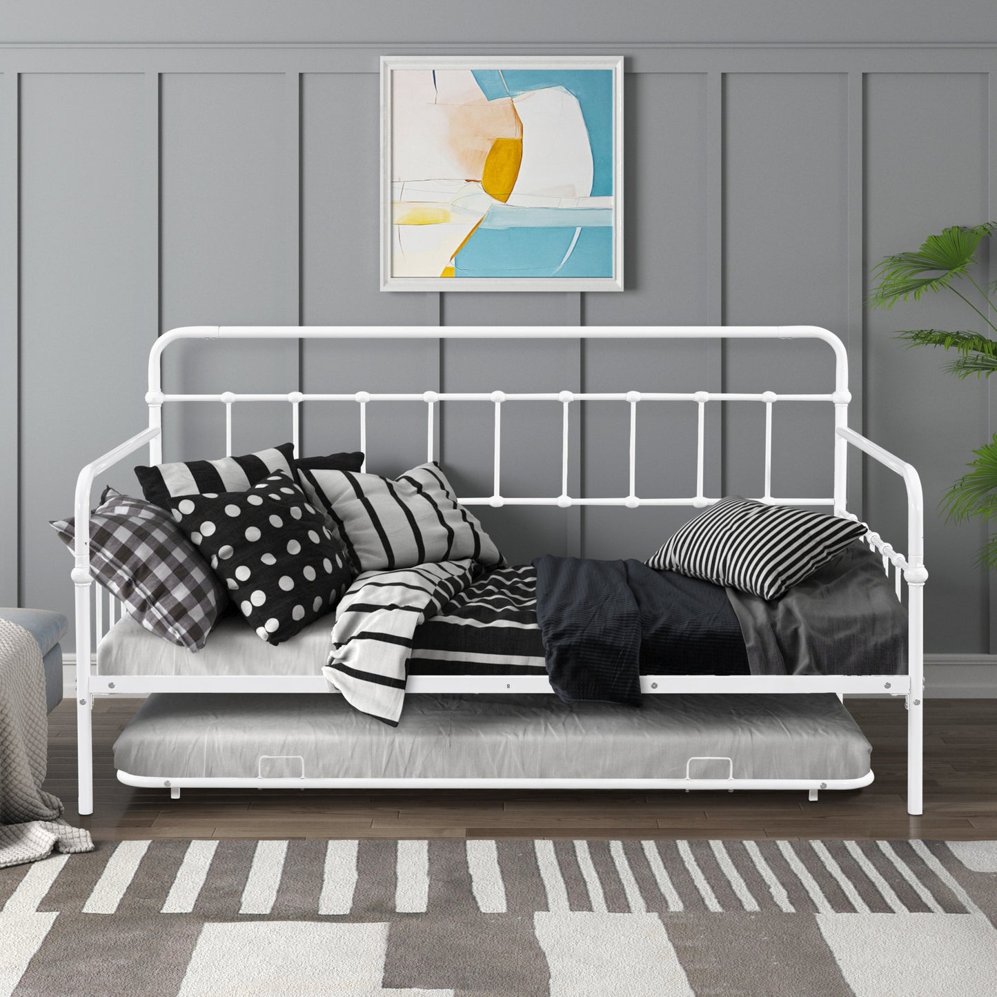 Metal Frame Daybed with trundle（white） - Korvel