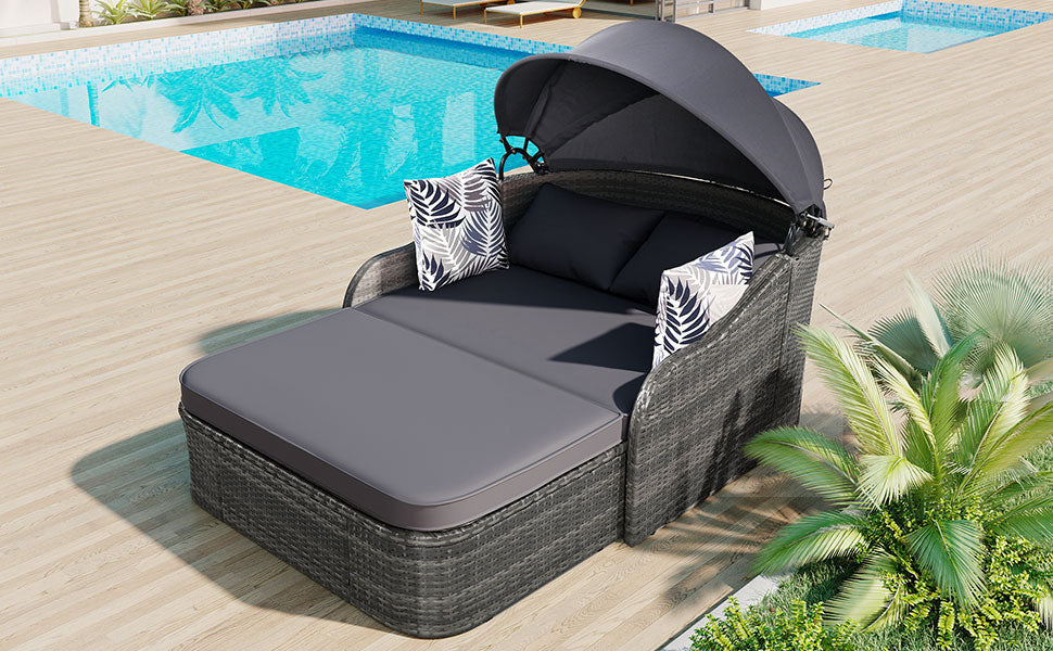 GO 79.9" Outdoor Sunbed with Adjustable Canopy, Double lounge, PE Rattan Daybed, Gray Wicker And Cushion - Korvel