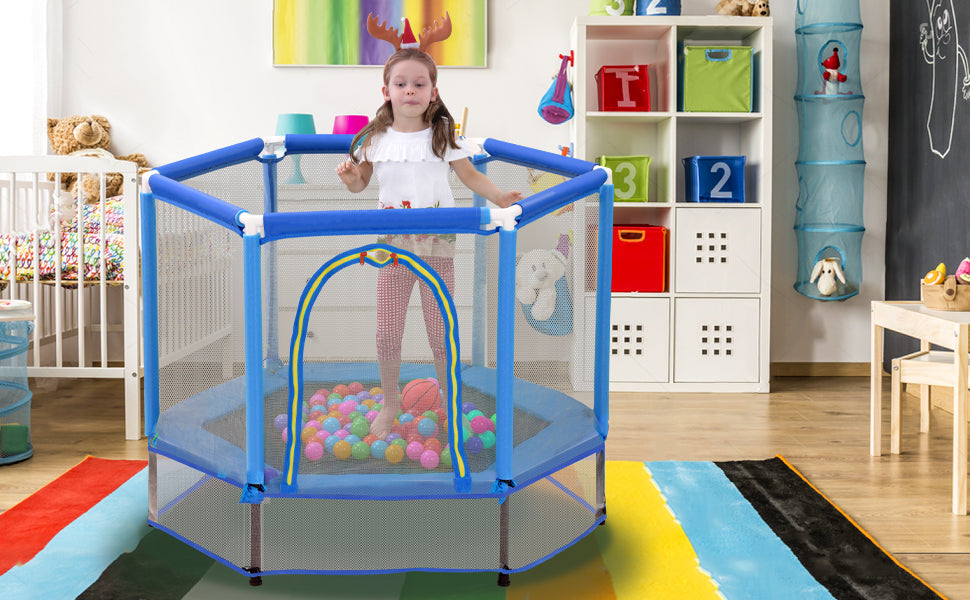 55'' Toddlers Trampoline with Safety Enclosure Net and Balls, Indoor Outdoor Mini Trampoline for Kids - Korvel