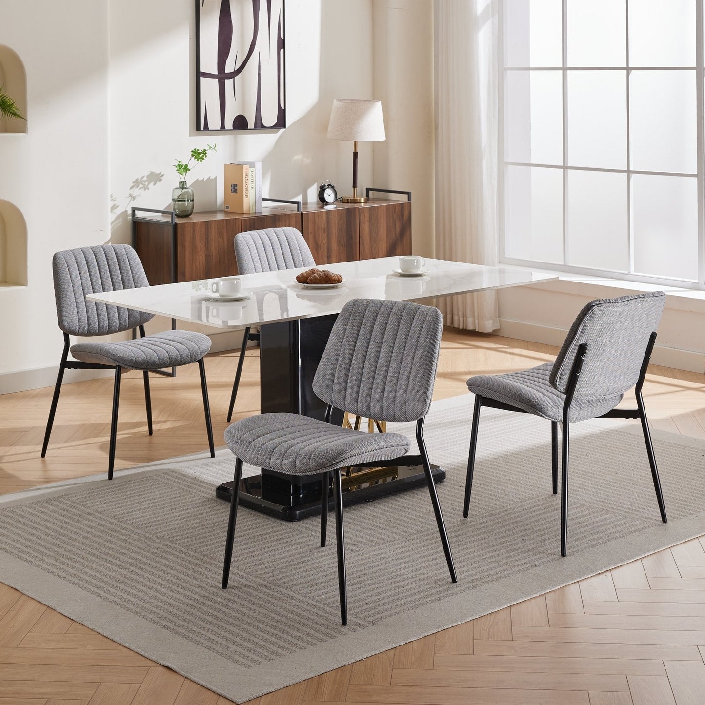 2-piece retro linen chair set with curved wooden backrest, cushioned seat, adjustable metal legs, (gray linen) - Korvel