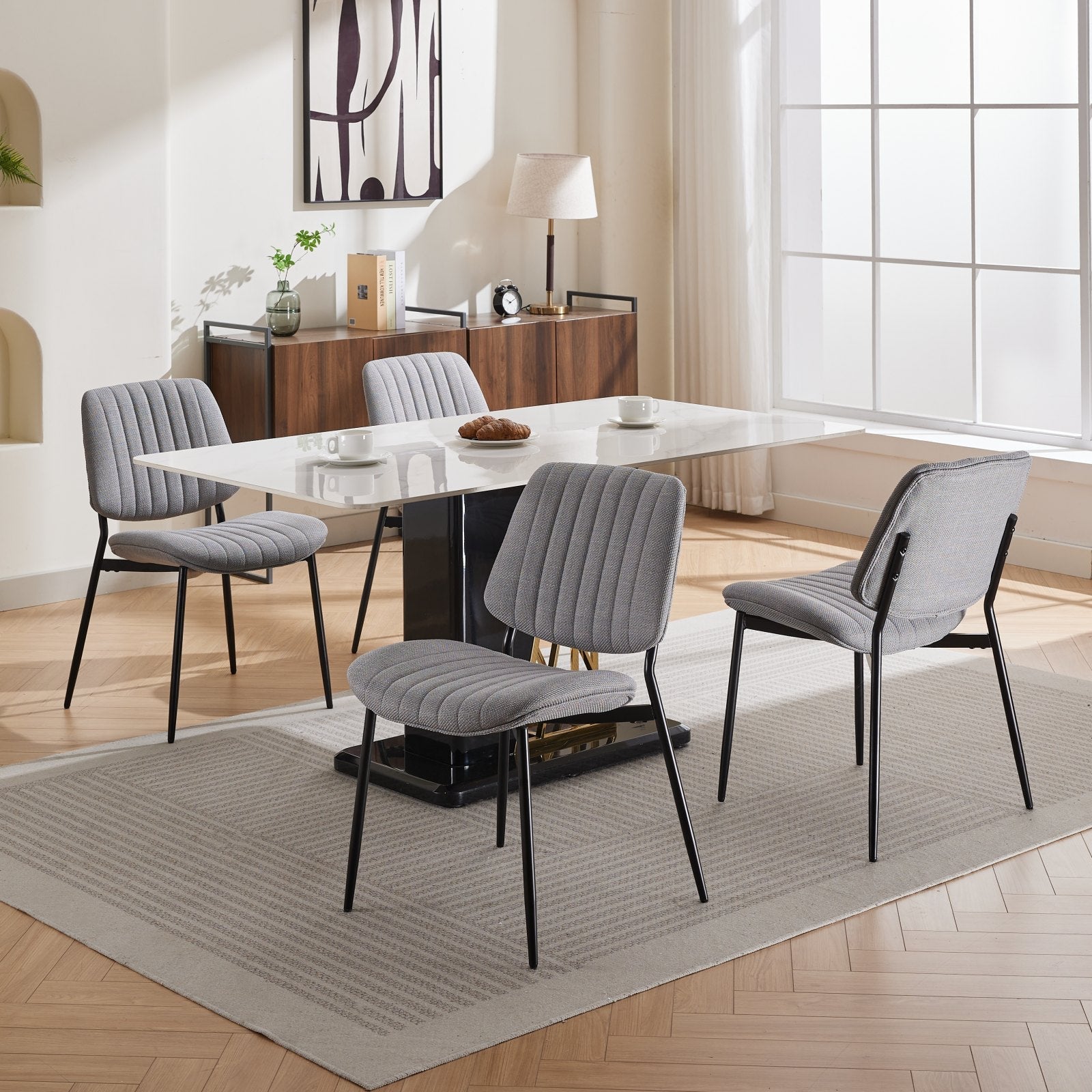 2-piece retro linen chair set with curved wooden backrest, cushioned seat, adjustable metal legs, (gray linen) - Korvel