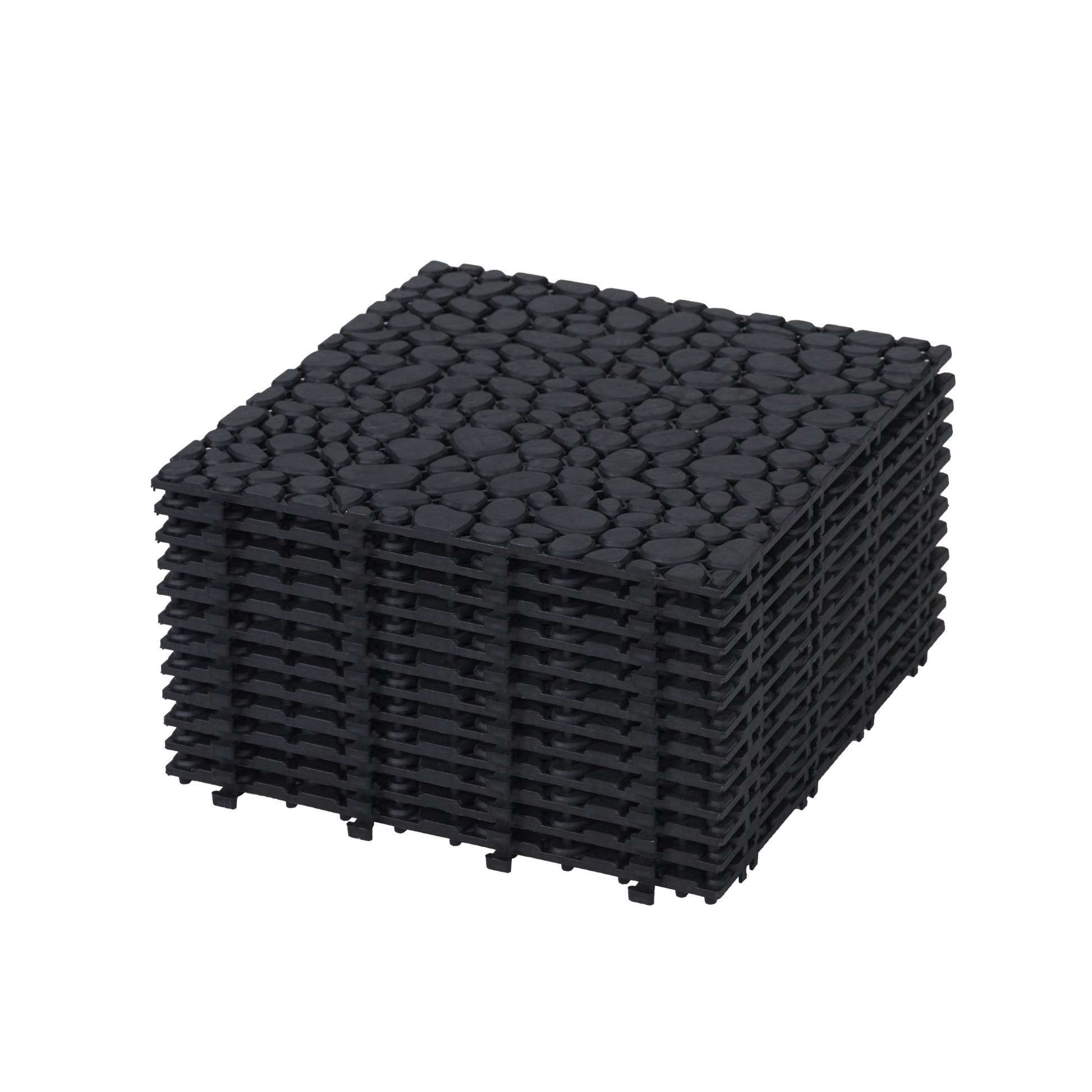 12 x 12 inch black interlocking deck tiles, plastic waterproofing, pebble pattern, pack of 12 - Korvel