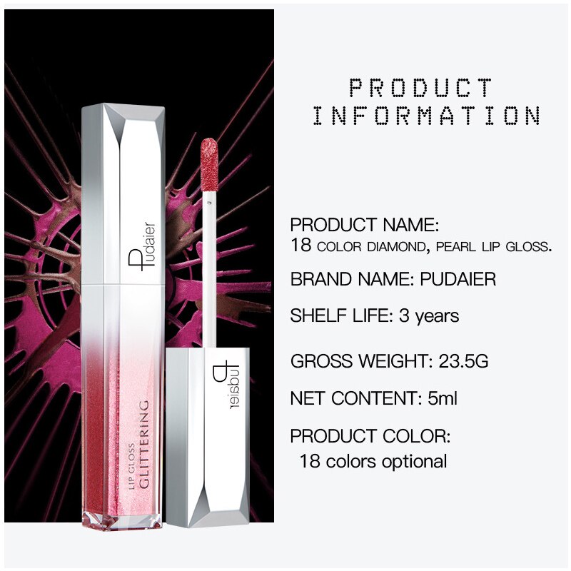 Pudaier Metallic Glitter Shine Lipstick - Long-lasting Liquid Tint