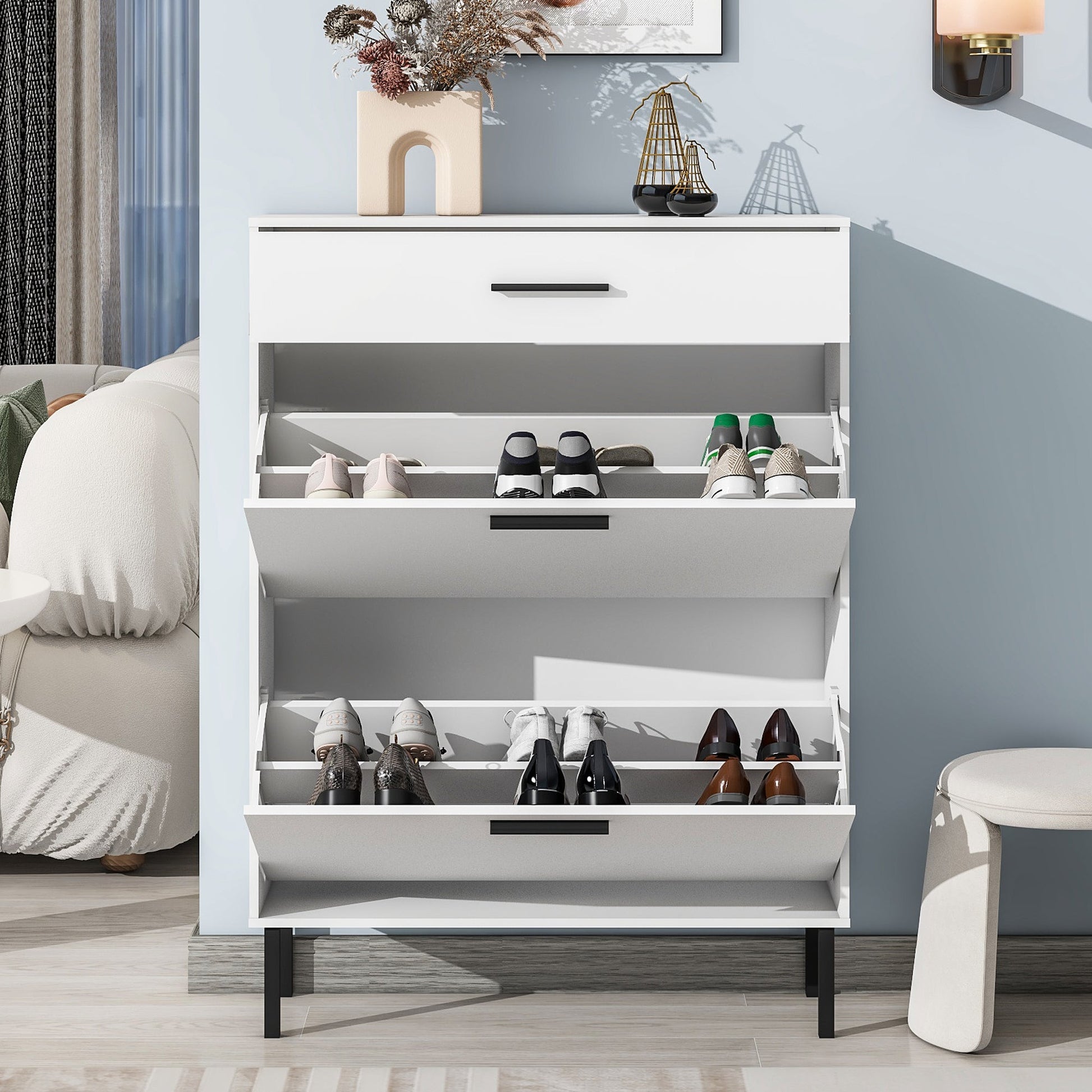Independent shoe rack storage box with drawers and metal legs, modern shoe cabinet with 2 flippable drawers - Korvel