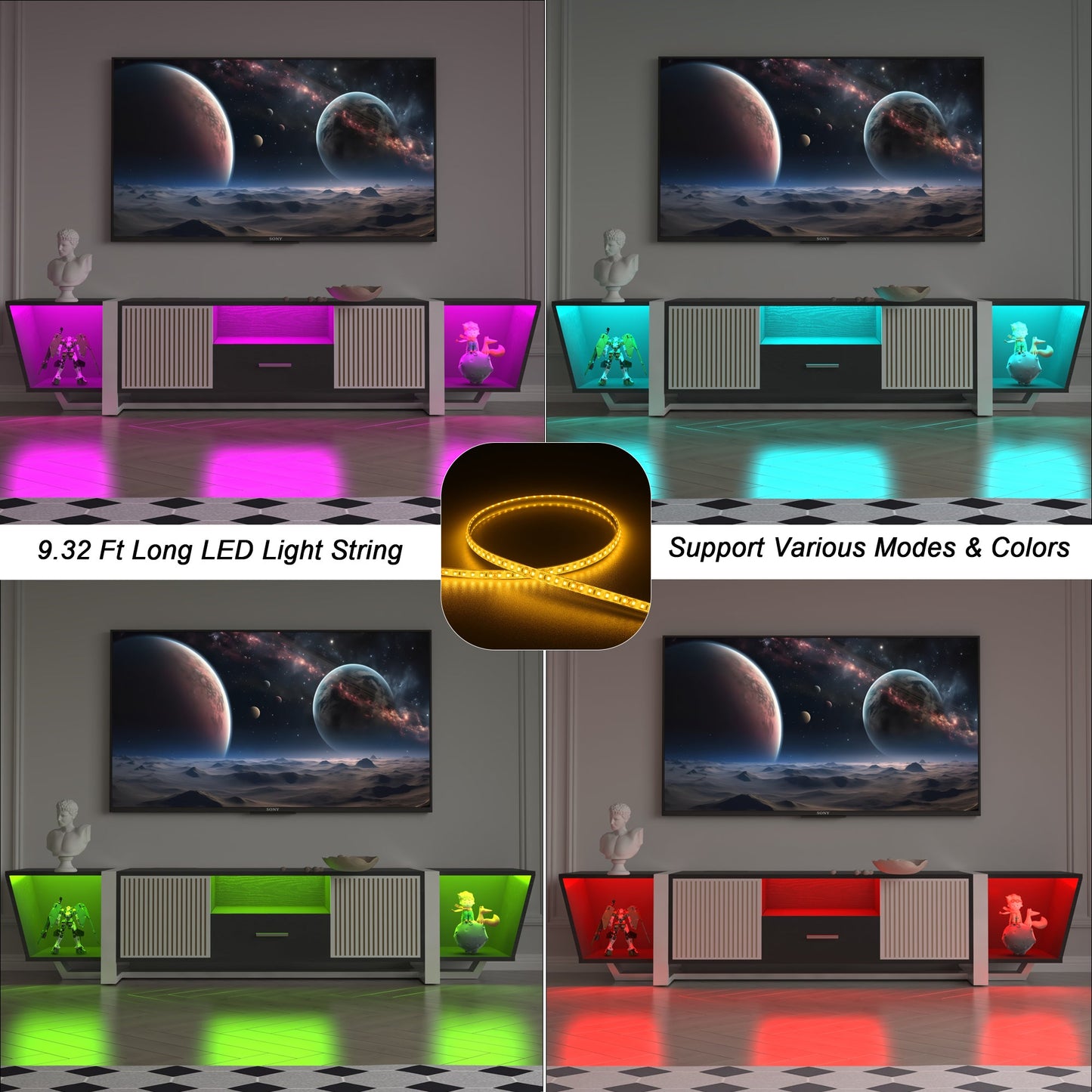 Console TV noire moderne avec rangement et éclairage LED
