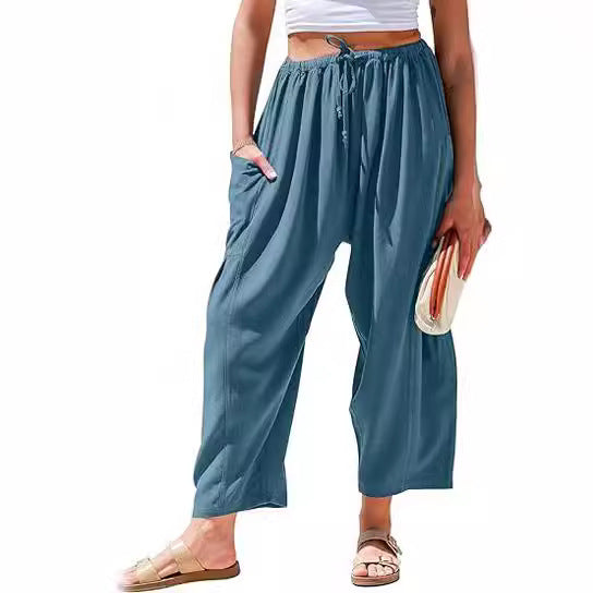 Pantalons larges en coton et lin taille haute pour femmes