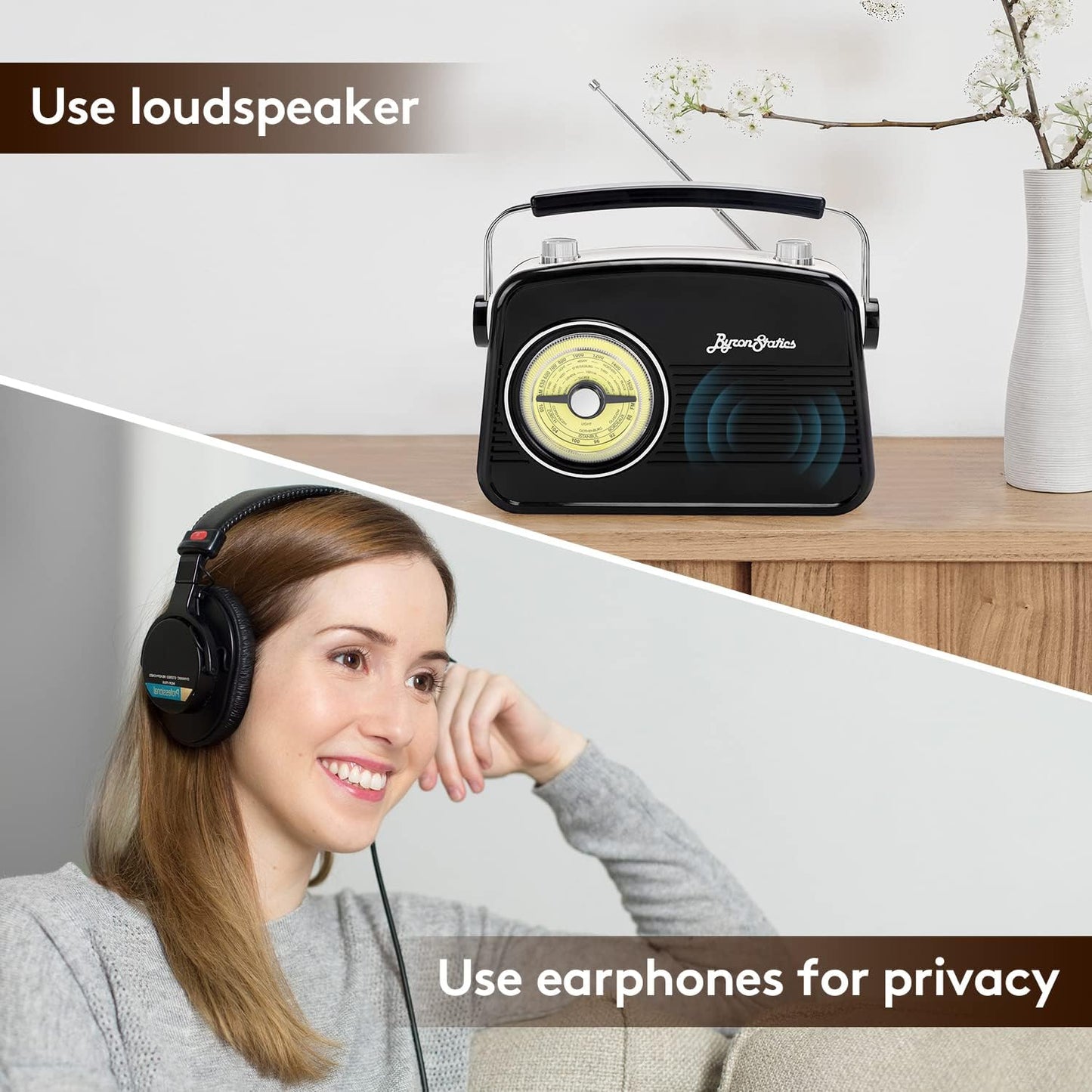 Black AM FM Radio - Small Portable Radios Vintage/Retro with Headphone Jack, Large Analog Rotary Tuning Dial - Korvel