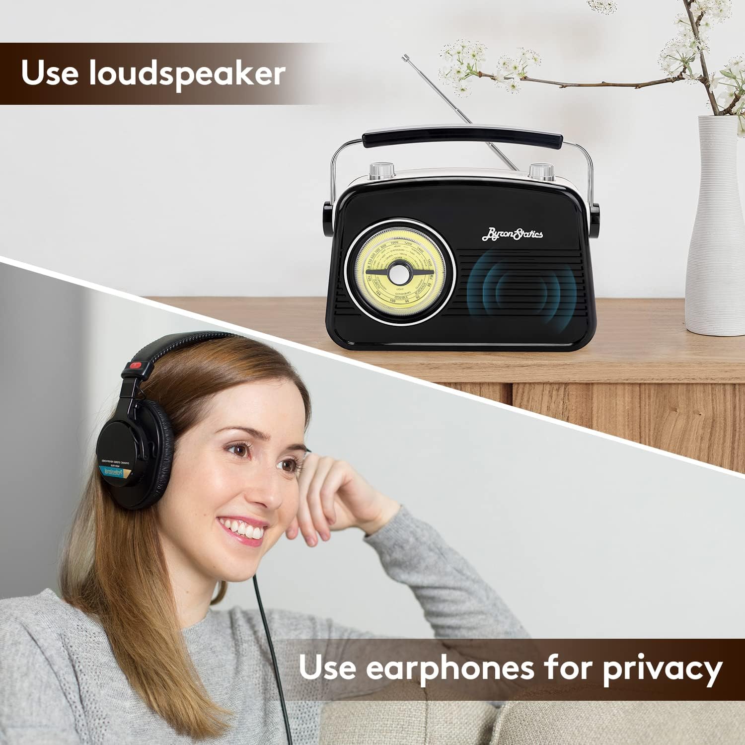 Black AM FM Radio - Small Portable Radios Vintage/Retro with Headphone Jack, Large Analog Rotary Tuning Dial - Korvel