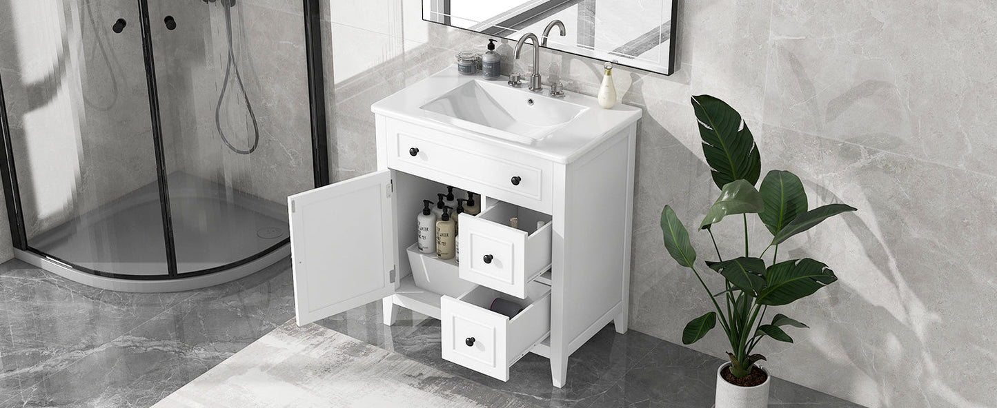 30" Bathroom Vanity with Sink Top, Bathroom Vanity Cabinet with Door and Two Drawers, Solid Wood Frame, One Package, White - Korvel
