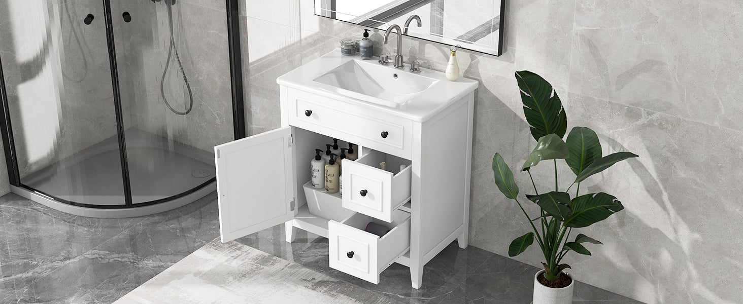 30" Bathroom Vanity with Sink Top, Bathroom Vanity Cabinet with Door and Two Drawers, Solid Wood Frame, One Package, White - Korvel
