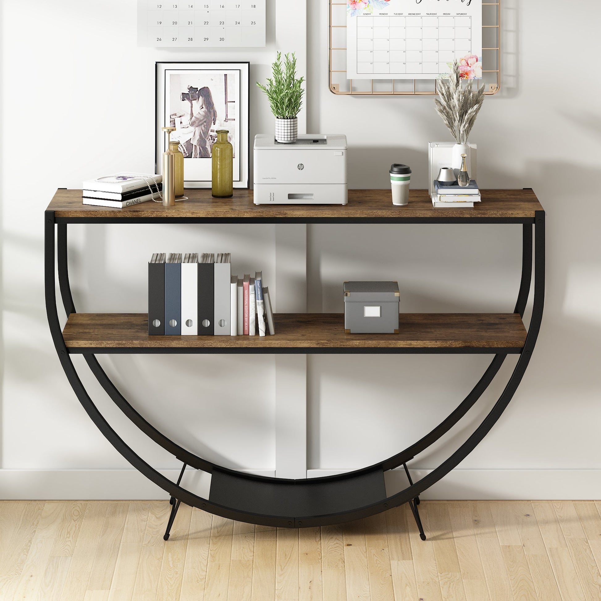TREXM Rustic Industrial Design Demilune Shape Textured Metal Distressed Wood Console Table (Distressed Brown) - Korvel