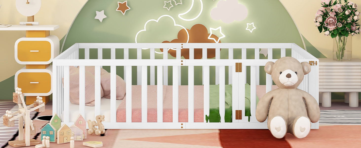 Queen Size Wood Floor Bed Frame with Fence and Door White(OLD SKU:WF289663AAK) - Korvel