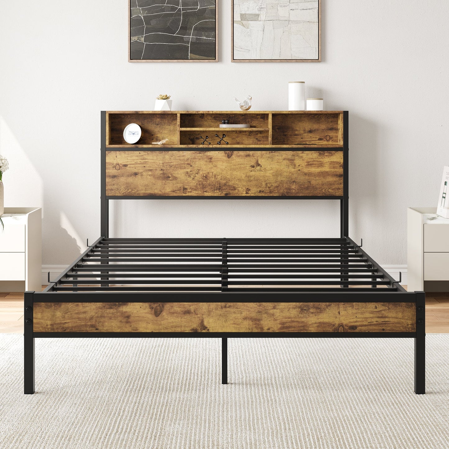 Full Size Bed Frame with Storage Headboard Metal Platform Bed with Charging Station Black - Korvel