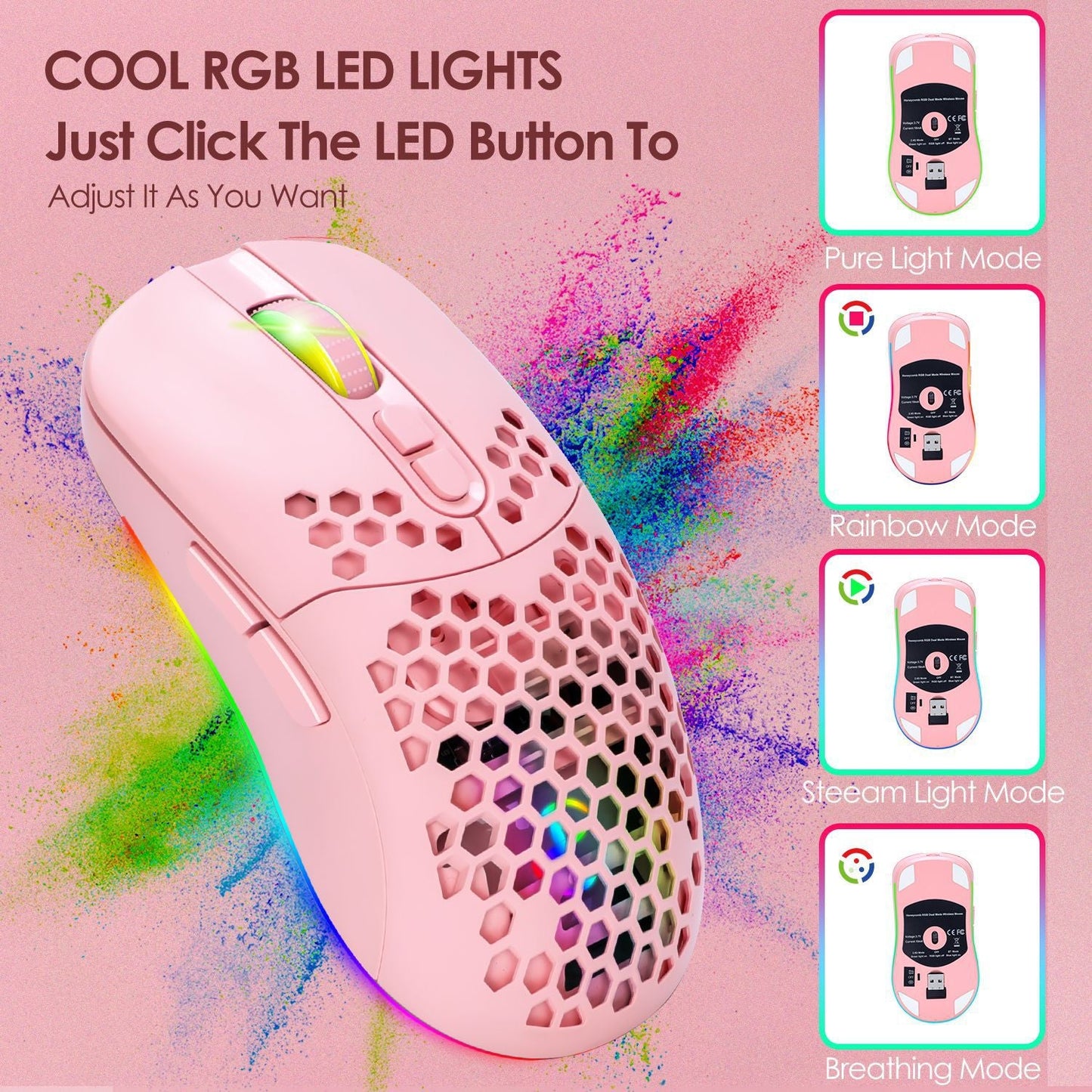 Charging hole the third mock examination Bluetooth wireless mouse lightweight mute cellular RGB light-emitting pink mouse - Korvel