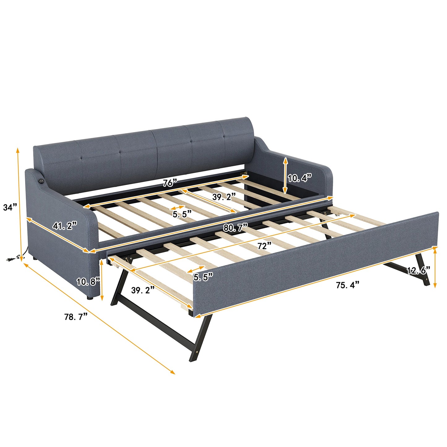 Twin Size Upholstery Daybed with Trundle & USB Charging - Gray