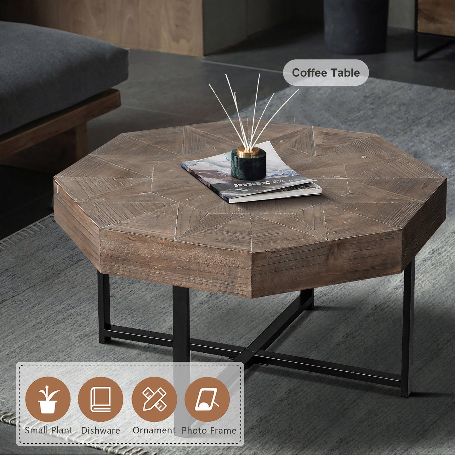 Mesa de café octagonal de madera marrón antigua con patas de metal