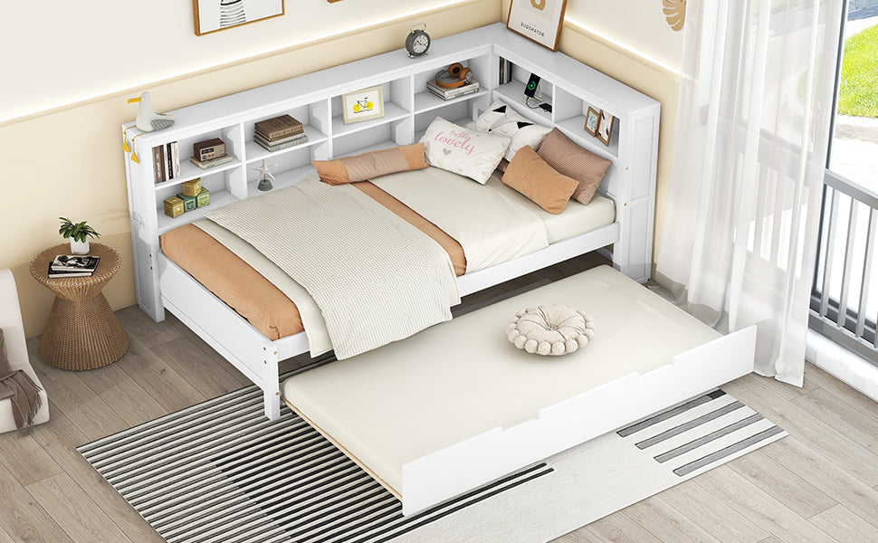Wooden Twin Size DayBed with Twin Trundle, DayBed with Storage Shelf and USB Charging Ports,White - Korvel
