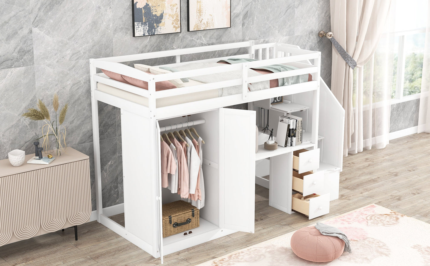 Elegant Twin Size Loft Bed with Wardrobe and Desk in White