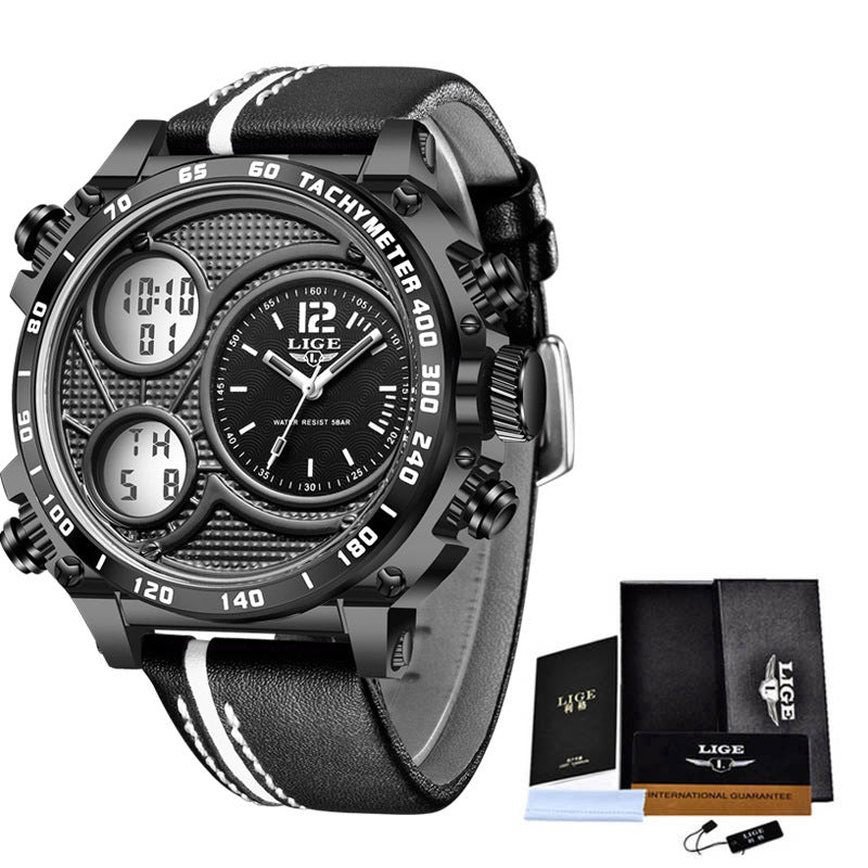 Lige Business Electronic Watch Dual Display Multi Function Low Cost Watch Men's Sports Waterproof Watch - Korvel