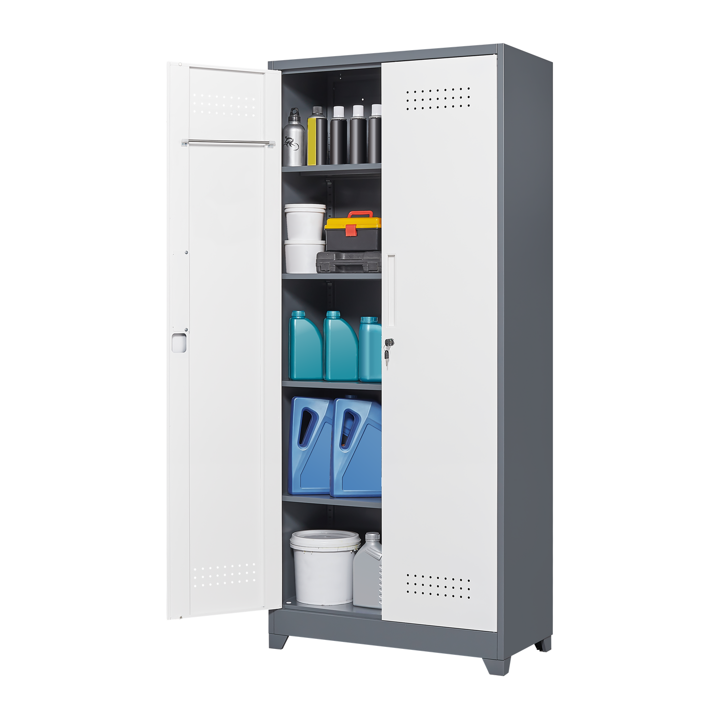 Metal storage cabinets, lockable cleaning tool cabinets, high broom tool organizers, and large storage cabinets in storage store - Korvel