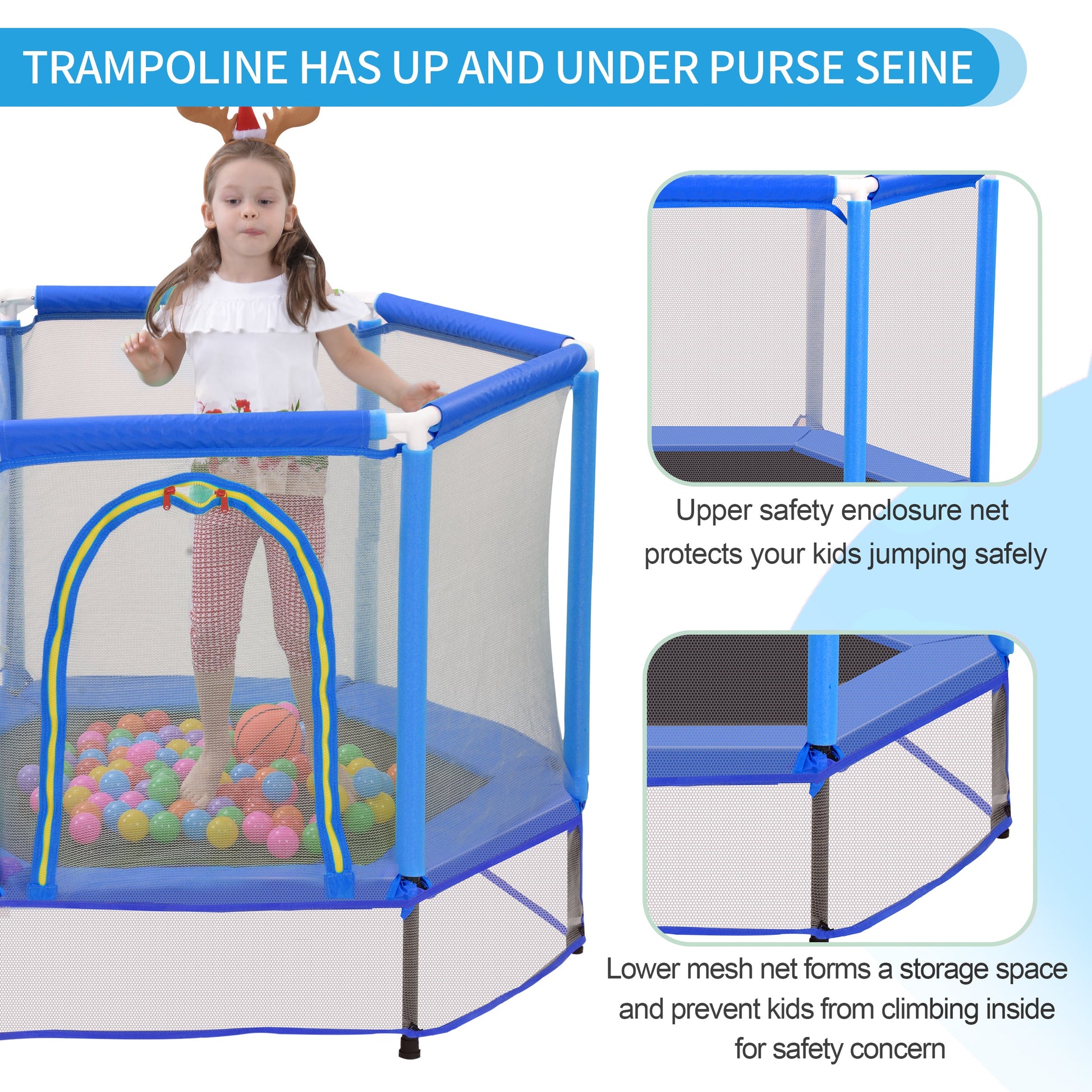 55'' Toddlers Trampoline with Safety Enclosure Net and Balls, Indoor Outdoor Mini Trampoline for Kids - Korvel