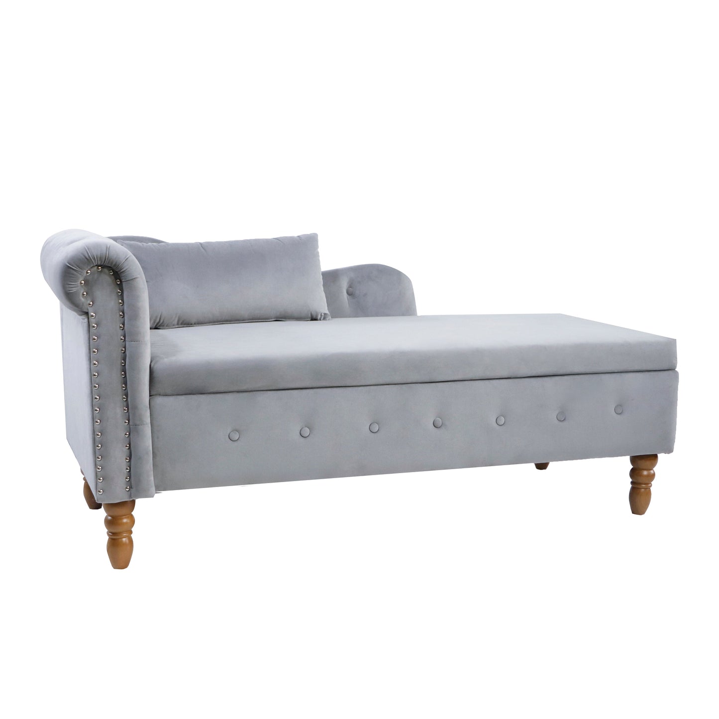 Chaise longue en velours gris avec rangement et coussin