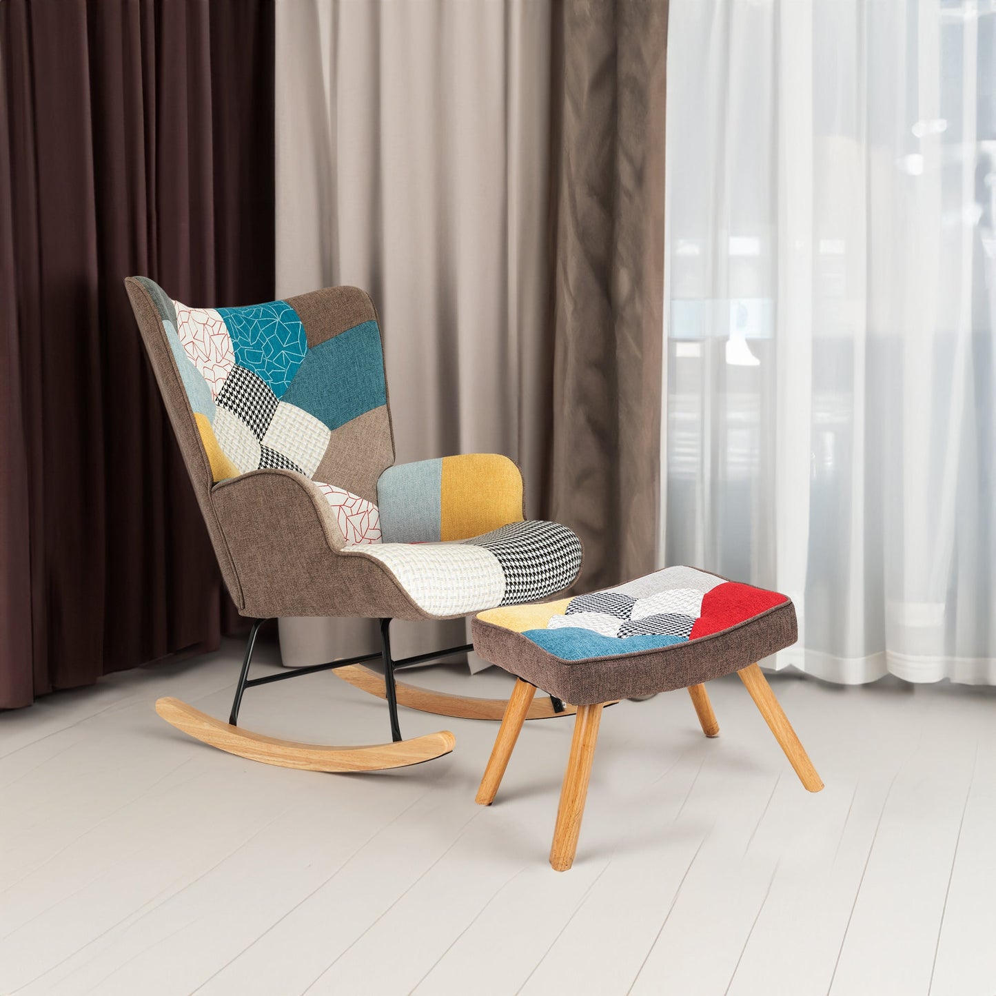 Mid Century Rocking Chair with Ottoman - Patchwork Linen