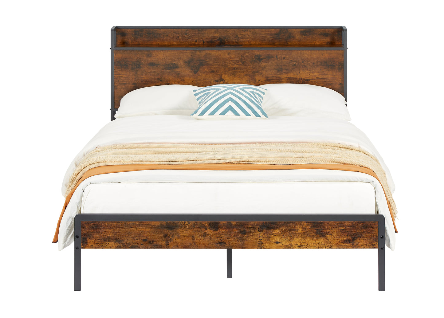 Bed frame with charging station full size, Rustic Brown, 83.1'' L x 56.1'' W x 39'' H - Korvel
