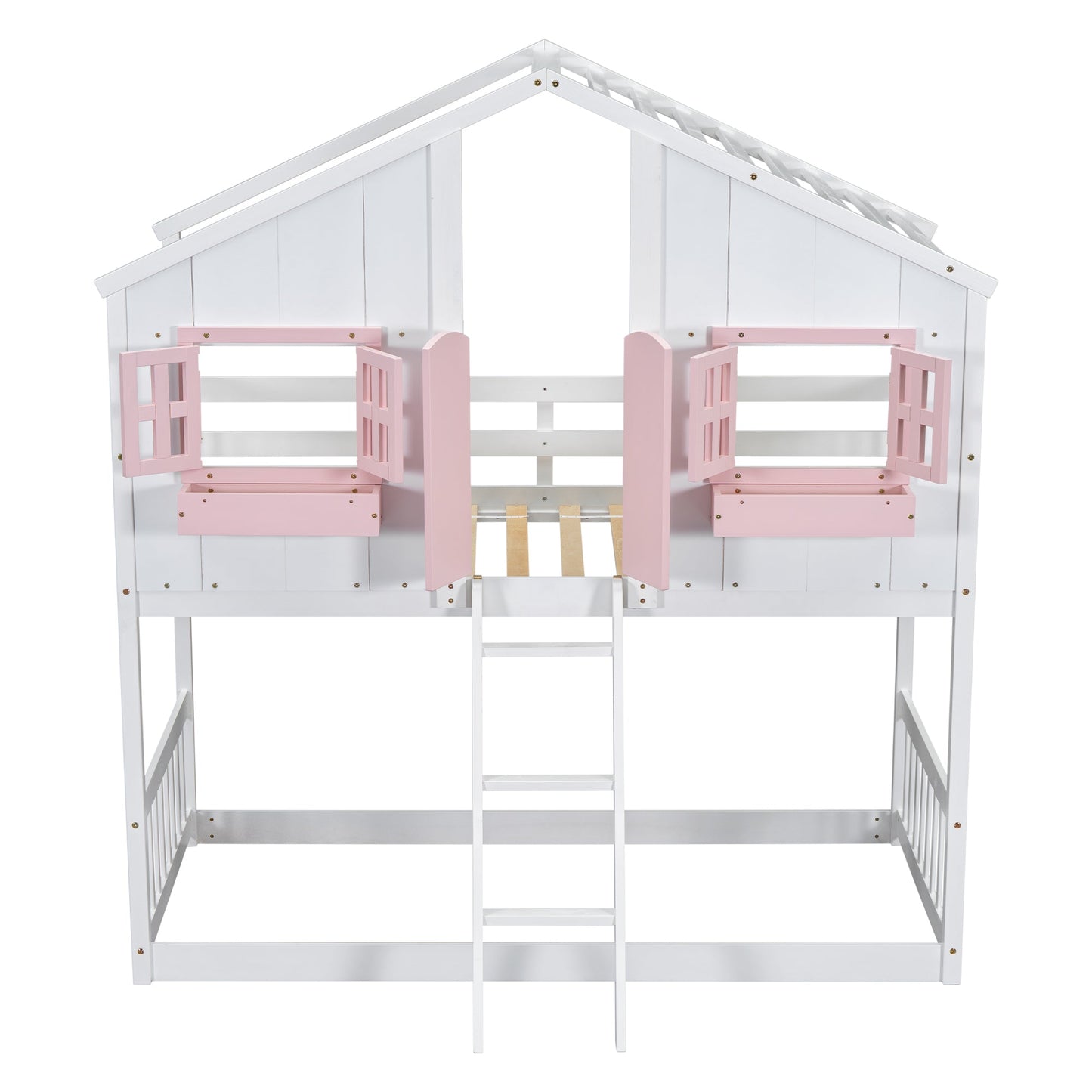 Twin over Twin House Bunk Bed with Roof , Window, Window Box, Door , with Safety Guardrails and Ladder, Pink/White - Korvel